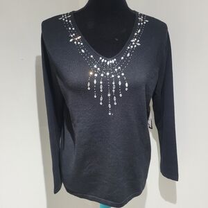 Tradition Womens Beaded Embellished V-Neck Sweater Medium Black Glam Sparkle NEW